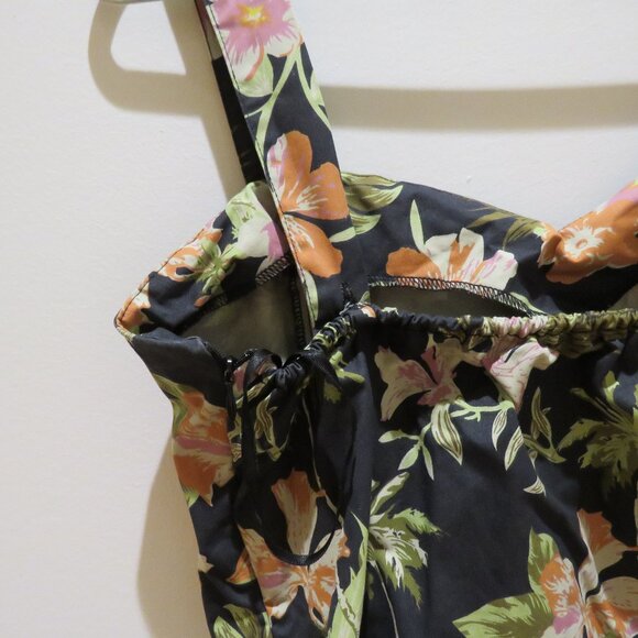 DR FAUST Marrama Palm Tree Exotic Flowers Black Retro Midi Swing Dress Rock Vtg - Picture 12 of 13